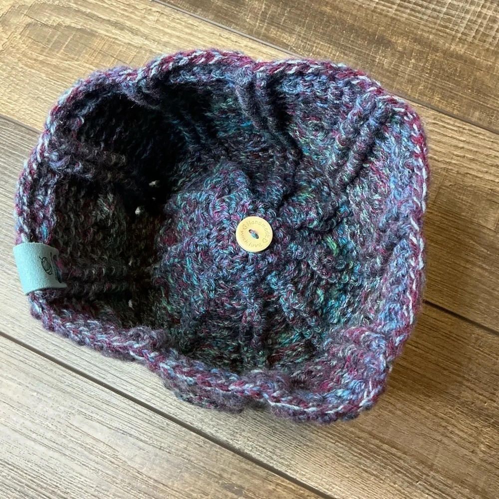 Cable Knit Crochet Beanie Hat Handcrafted With Faux Fur Pom Handmade Purple Blue